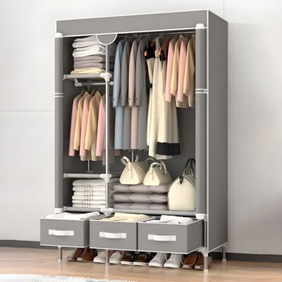 Portable wardrobe closet with a sleek design, hanging space, and shelves for organized storage in any room.