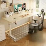 A height-adjustable electric home office desk with a sleek design and easy-to-use controls, providing ergonomic flexibility for workspaces.
