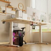 A height-adjustable electric home office desk with a sleek design and easy-to-use controls, providing ergonomic flexibility for workspaces.