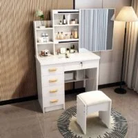 A stylish modern chic vanity dressing table with a sleek design, spacious mirror, and storage drawers for a functional yet elegant look.