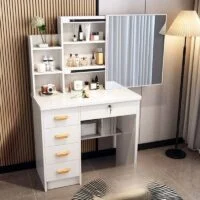 A stylish modern chic vanity dressing table with a sleek design, spacious mirror, and storage drawers for a functional yet elegant look.