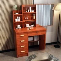 A stylish modern chic vanity dressing table with a sleek design, spacious mirror, and storage drawers for a functional yet elegant look.
