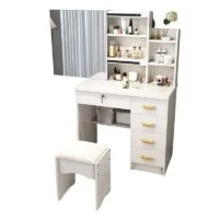 A stylish modern chic vanity dressing table with a sleek design, spacious mirror, and storage drawers for a functional yet elegant look.