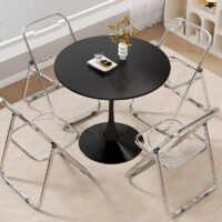 A sleek and stylish Modern Round Tulip Dining Table with a minimalist design, featuring a smooth tabletop and a single, elegant pedestal base.