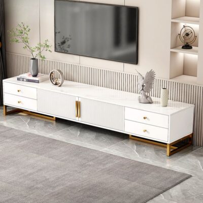 A sleek and stylish modern TV stand for the living room with spacious shelves and a minimalist design, perfect for storing media and décor.