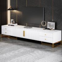 A sleek and stylish modern TV stand for the living room with spacious shelves and a minimalist design, perfect for storing media and décor.