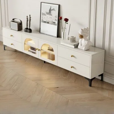 A sleek, minimalist wood TV stand with a natural wood finish, open shelving for media devices, and a modern design for living rooms.