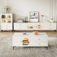 A sleek, minimalist wood TV stand with a natural wood finish, open shelving for media devices, and a modern design for living rooms.