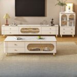 A minimalist stone TV stand with a drawer, offering sleek storage and a modern design to complement any living room.