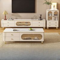 A minimalist stone TV stand with a drawer, offering sleek storage and a modern design to complement any living room.