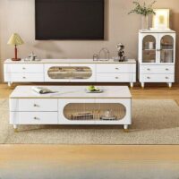 A minimalist stone TV stand with a drawer, offering sleek storage and a modern design to complement any living room.