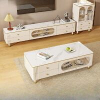 A minimalist stone TV stand with a drawer, offering sleek storage and a modern design to complement any living room.