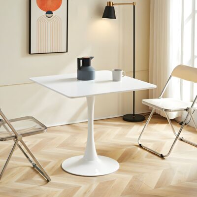 Square modern dining table with a minimalist tulip base.