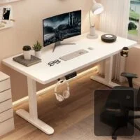 Electric height adjustable desk with a modern design, showing both standing and sitting positions.