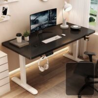 Electric height adjustable desk with a modern design, showing both standing and sitting positions.