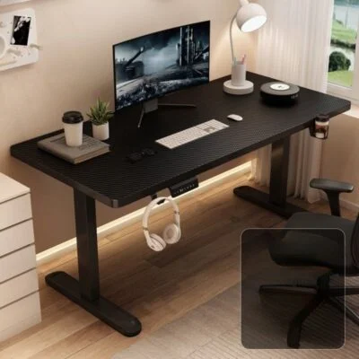 Smart electric home office desk with adjustable height and built-in tech features for a seamless work experience.