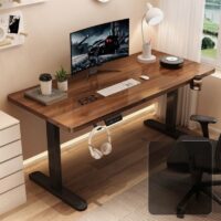 Electric height adjustable desk with a modern design, showing both standing and sitting positions.