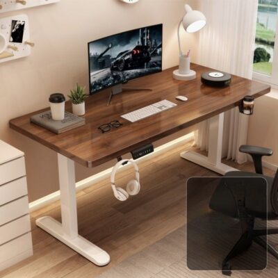 Electric height adjustable desk with a modern design, showing both standing and sitting positions.