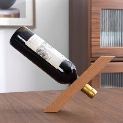 Wooden wine holder with an elegant design, holding two bottles of wine.