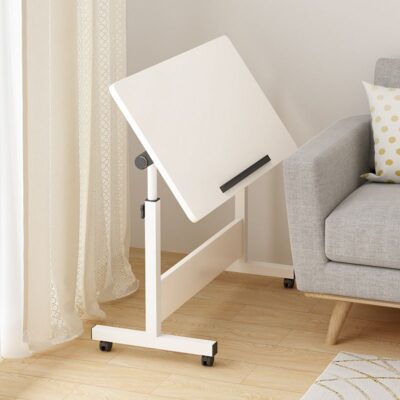 A folding white standing desk with a sleek, modern design, ideal for home offices or workspaces.