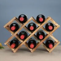 Asian-inspired wine bottle holder made from wood with elegant design, perfect for displaying wine bottles in a stylish way.