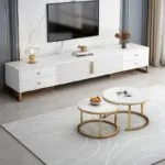 Lavish White Lumber TV Stand with a sleek and modern design, offering ample storage for electronics and media.