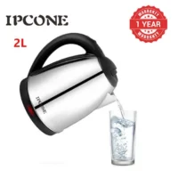 2.0 L Silver & Black Stainless Steel Electric Kettle with sleek modern design, featuring a 2-liter capacity and ergonomic handle.