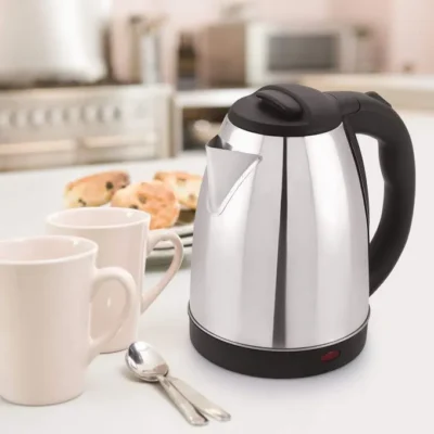 2.0 L Silver & Black Stainless Steel Electric Kettle with sleek modern design, featuring a 2-liter capacity and ergonomic handle.