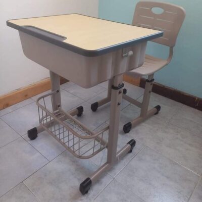 A durable and ergonomic School Desk and Chair Set designed for student comfort, featuring a sturdy desk with a matching adjustable chair.