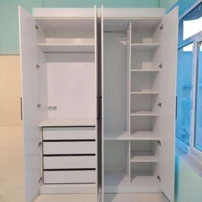 A large multiple storage wardrobe featuring a combination of hanging rods, shelves, and drawers for organizing clothes, shoes, and accessories.