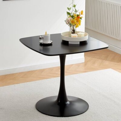 Black Square Pedestal Tulip Dining Table with sleek, modern design, featuring a square top and sturdy pedestal base, perfect for contemporary dining.