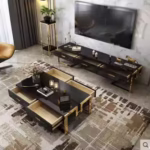 A sleek modern coffee table with a minimalist design, featuring a sturdy metal frame and a smooth wooden/glass/marble top.