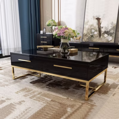 Modern metal frame coffee table with a sleek design and durable construction, featuring a glass top and minimalistic metal frame.