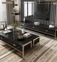 Sleek black modern coffee table with a minimalist design, perfect for living rooms.