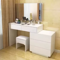 A stylish makeup vanity with a mirror, storage drawers, and a sleek design, perfect for organizing beauty essentials and daily routines.