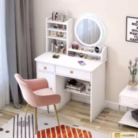 A stylish makeup vanity with a mirror, storage drawers, and a sleek design, perfect for organizing beauty essentials and daily routines.