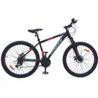 Durable mountain bike designed for off-road trails with knobby tires, suspension, and a sturdy frame.