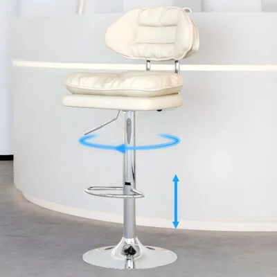 A sleek white height-adjustable barstool featuring a modern design with a comfortable seat, chrome base, and footrest, perfect for any kitchen or bar.