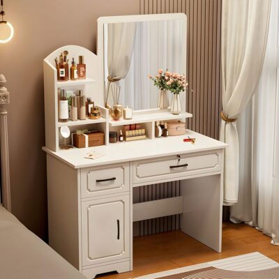 A modern vanity dressing table with built-in LED lights, featuring a sleek design, spacious drawers, and a large mirror for daily grooming and makeup.