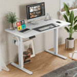 Modern electric powered home office desk with adjustable height and sleek design.