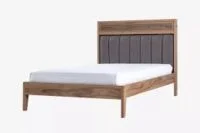 Contemporary Wooden Bed with sleek lines and a minimalist design in oak or walnut, featuring a low-profile frame and elegant wood finish.