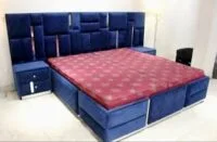 Full-size wooden bed frame with natural wood finish, sturdy slats, and classic design, perfect for any bedroom.