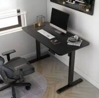 Electric adjustable desk with smooth height control for sitting and standing positions.