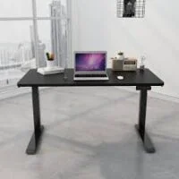 A sleek, modern adjustable height electric table with a minimalist design, showing the tabletop raised to a standing position in a home office setting