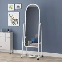 Dressing Mirror with Wheels, featuring a full-length mirror on a movable frame for easy repositioning and convenience.