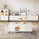 A sleek and modern white TV stand designed for living rooms, featuring ample storage and a minimalist style that complements any décor.