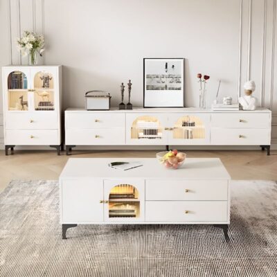 A sleek and modern white TV stand designed for living rooms, featuring ample storage and a minimalist style that complements any décor.