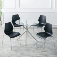 Sleek modern glass home dining table with a minimalist design and sturdy base, perfect for contemporary dining rooms.