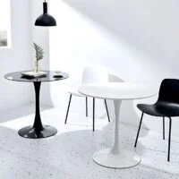 Elegant round mid-century dining table with a wooden base and sleek, minimalist design, perfect for modern dining rooms.