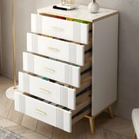 Modern white wood bedroom chest of drawers with sleek design and spacious storage compartments.